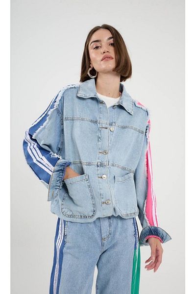 Calisa Jachetă și pantaloni de denim pentru femei cu dungi colorate - model Baggy și Jogger