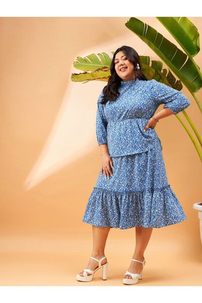 Sassafras By Styli Plus Floral Print Tiered Midi Dress