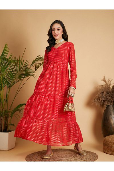 Sassafras By Styli Foil Print Tiered Maxi Dress
