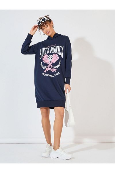 Styli Graphic Print Hooded Sweatshirt Knee-Length Dress