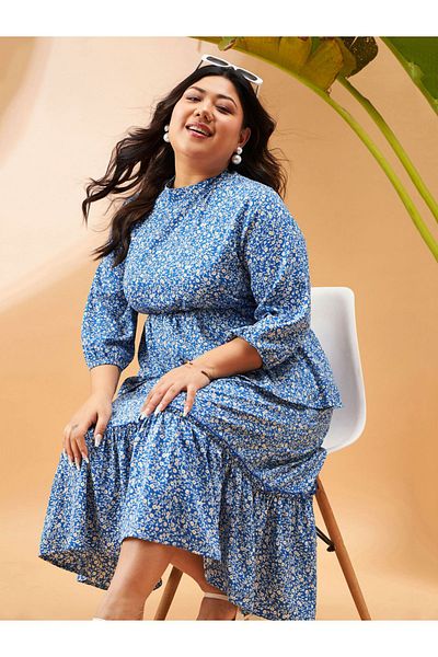 Sassafras By Styli Plus Floral Print Tiered Midi Dress