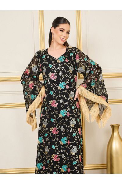 Maxim Creation By Styli All Over Floral Embroidered Jalabiya with Tassel Detail