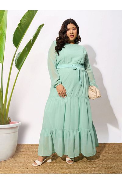 Sassafras By Styli Plus Belted Tiered Maxi Dress with Sheer Sleeve