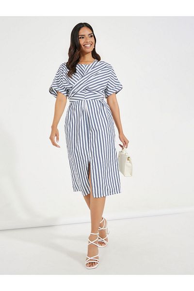 Styli Striped Short Sleeves Wrap Over Midi Dress
