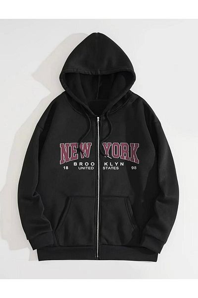 NO 601 New York Unisex Μαύρη κουκούλα εποχιακή ζακέτα - με πλήρη λεπτομέρεια με φερμουάρ