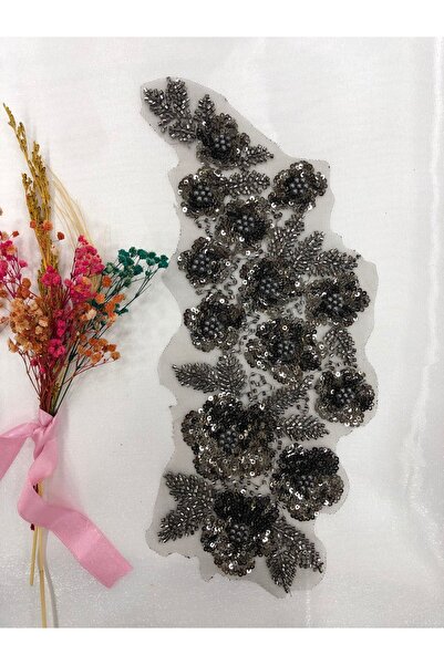 ZANJAN Gri 3 Boyutlu İnci ve Taş İşlemeli Dantel Aplik Nişan Kına Gelinlik Da...