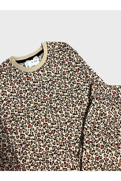 Fil Kids Пижамен комплект с дълъг ръкав и леопардов мотив от кафяво за момичета, 100% памук