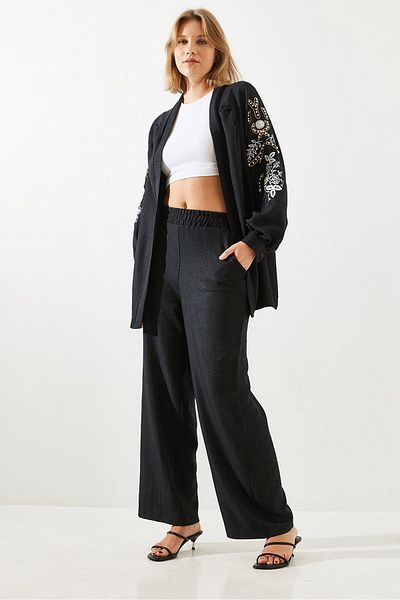 Bianco Lucci Women's Embroidery Detailed Linen Bottom-Top Suit Mbms017 60501017