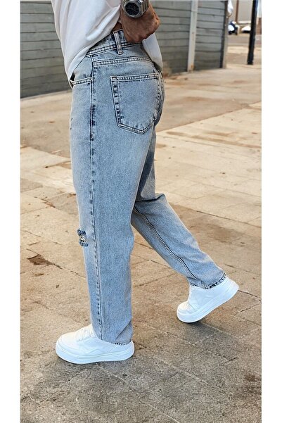 DENIM MAN Erkek Mavi Yırtık Detaylı Baggy Jeans Pantolon