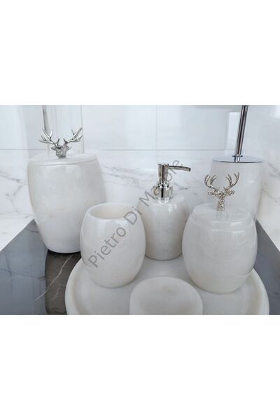 Pietro Di Marble Beyaz Mermer Oval Model 7 Parça Gümüş Renk Geyik Aksesuarlı ...