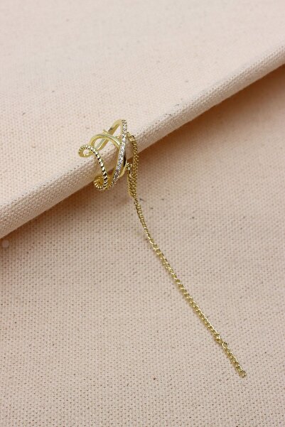 Süspüs Accessories Taş Detaylı Zincir Sallantılı Gold Renk Kıkırdak Küpe