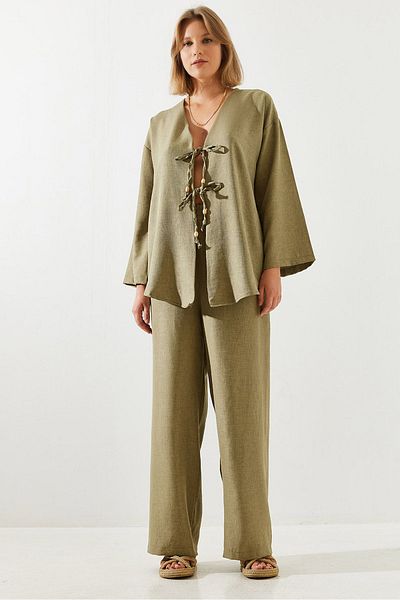 Bianco Lucci Sofia Linen Palazzo Set - Front Tie, Women'S, 3007 60251769