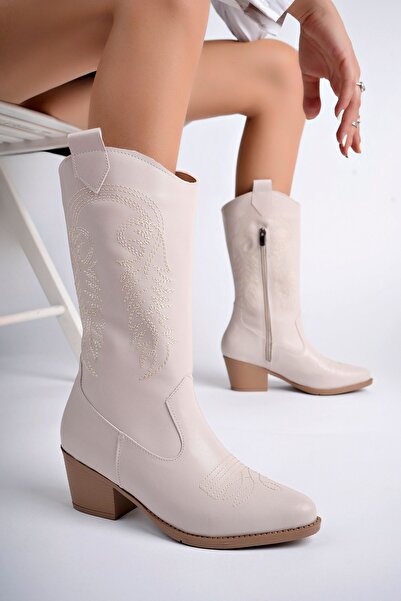 meyra'nın ayakkabıları Жіночі ковбойські чоботи з вишивкою - тілесного кольору, на блискавці
