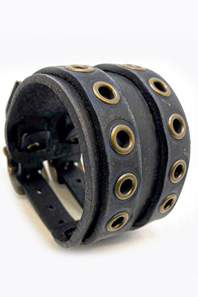 NARKİSSOS Black Leather Bracelet - Double Belt, Antique and Handcrafted