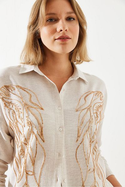 Bianco Lucci Long Sleeve Sequined Linen Women's Shirt - 60251784