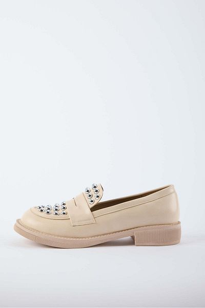 selinshoes Mendy Thin Base Women's Loafer with Staple Detail - Ekru