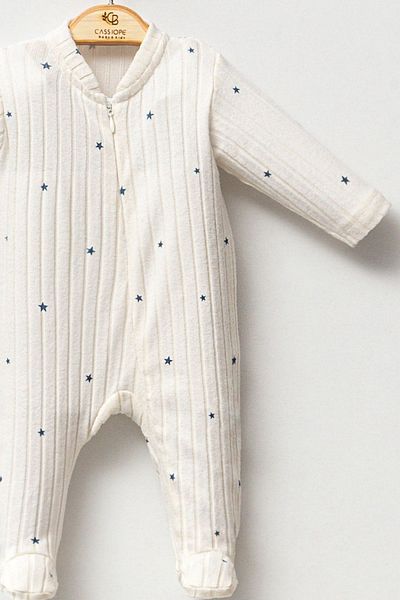 Cassiope Star Patterned Ribbed Jumpsuit for Baby Boy - Front Zipper