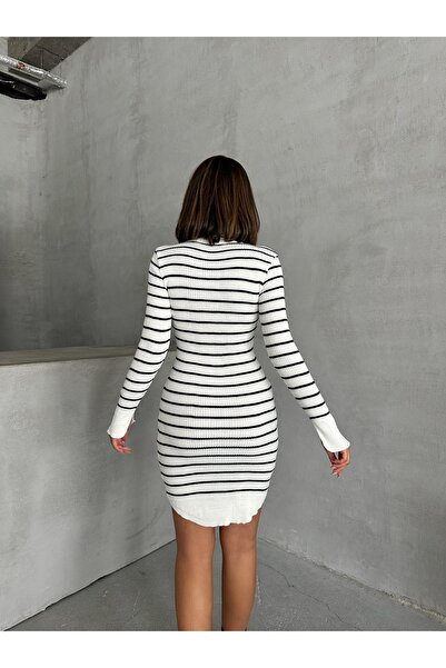 BEJNA Γυναικείο Μίνι Πλεκτό Φόρεμα Λευκό Ριγέ Πόλο Λαιμόκοψη