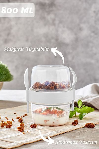 KaktüsKedi Large Size Snack Cup with Spoon and Fork - Food Transport and Storage Container 800 ml
