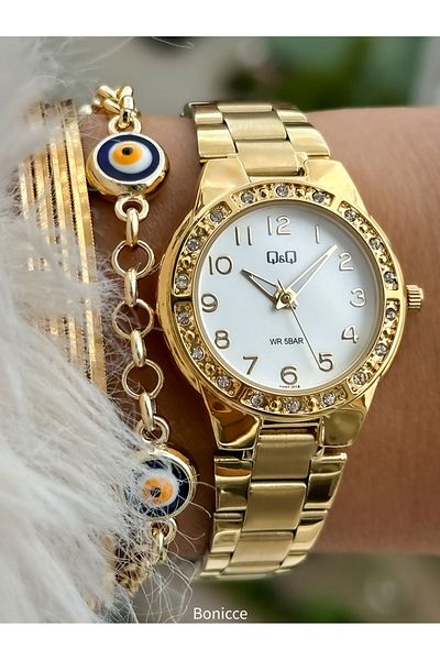 Q&Q Brand Steel Cord,Waterproof, Yellow Color Small Case Women's Stone Watch+Bracelet