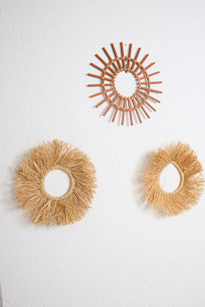 Maison Avf 3'lü Set Rafya Rattan Turuncu Çubuk,Yuvarlak, Damla Çerçeve El Yap...