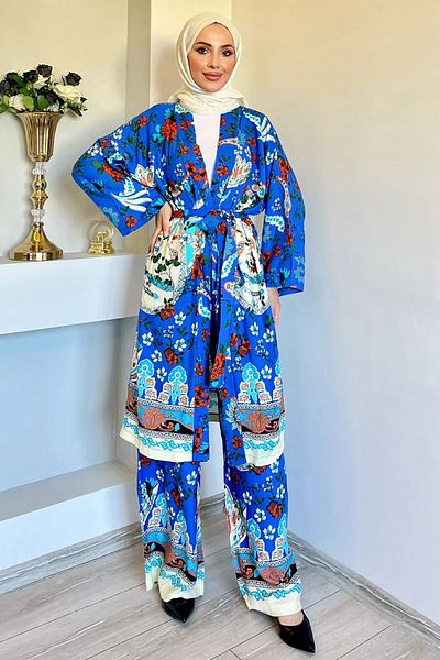 julude Σετ Hijab Kimono και Sax Blue με σχέδιο βισκόζης