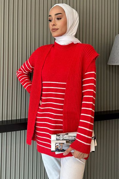 julude Red Hijab Knitwear Sweater with Crew Neck Stripes and Scarves