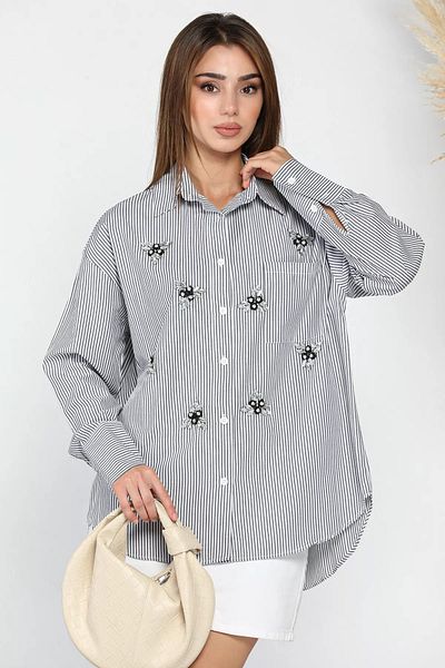 GÜLSELİ Cămașă de damă cu dungi alb-negru cu model floral