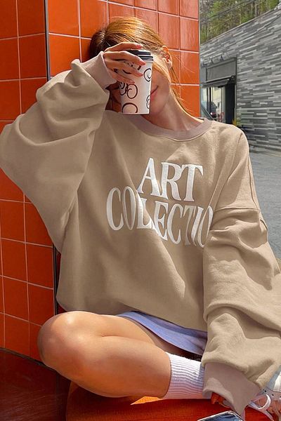 Trendseninle Vizon Art Collection Printed - Дамски суитшърт с голям размер и кръгло деколте