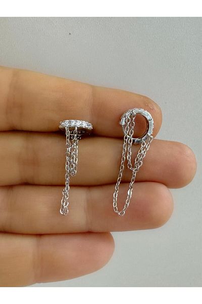 Arescollection Zircon Full Lap - Rhinestoned 2 Row Chained Helix Cartilage Earlobe Compatible Ring Piercing Earrings