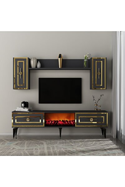 cantek dizayn VİOLLA  ŞÖMİNELİ TV ÜNİTESİ TAKIMI ANTRASİT-ALTIN