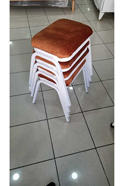 MUTLU ALIŞVERİŞ MERKEZİ Tabure 4 Adet Beyaz Demir Ayaklı Silinebilir Kumaş Yeni Trend Mutfak  Taburesi Dikdörtgen Tabure