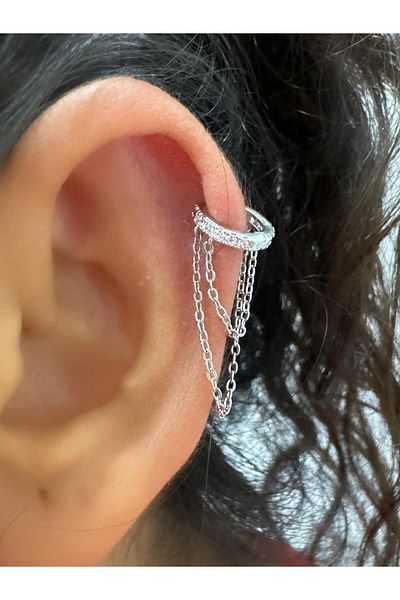 Arescollection Zircon Full Lap - Rhinestoned 2 Row Chained Helix Cartilage Earlobe Compatible Ring Piercing Earrings