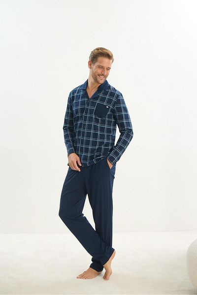 Sevim Navy Blue Men's Pajama Set - Long Sleeve, Shirt Collar, Buttoned Front C9T1N5O9