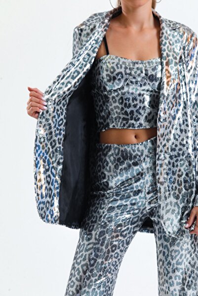 Sense Μαύρο και άσπρο βραδινό μπουφάν με παγιέτες Leopard Sequins - Εσωτερική επένδυση Ckt34264