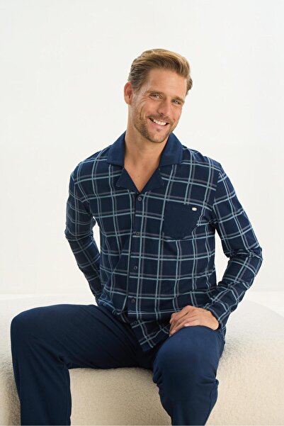 Sevim Σετ ανδρικές πιτζάμες Navy Blue - Μακρύ μανίκι, γιακάς πουκάμισου, μπροστινά κουμπιά C9T1N5O9