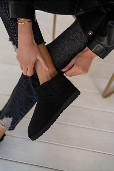 DUXAL Mini Siyah Süet Yarım Bot içi Tüylü Düz Taban Kadın Ayakkabı
