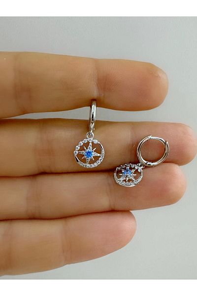 Arescollection Blue Zircon Jewelled Pole Star - Helix Cartilage and Earlobe, Matching Ring Piercing Earrings 1 Piece