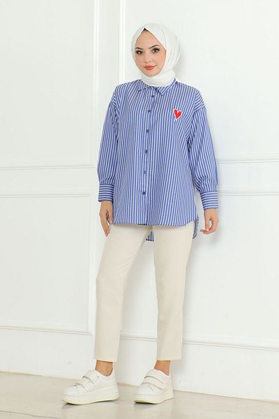 Eliva Cămașă Hijab pentru femei Saks Blue White Dungi - Roșu Brodat Inimă