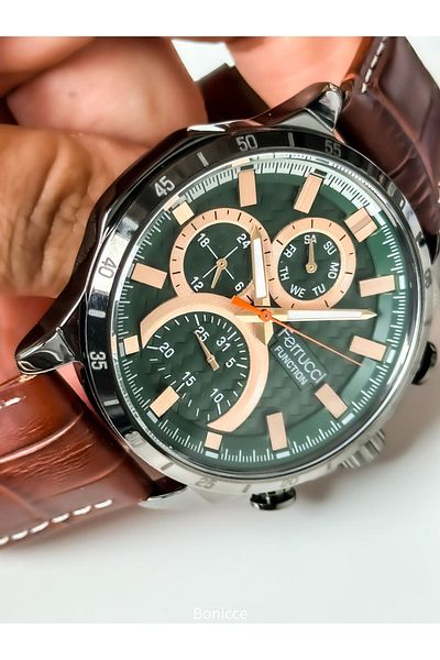 Ferrucci Men's Wristwatch - Leather Cord, Tan Function, Rosary Bracelet Gift