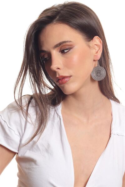 LABALABA Kadın Antik Gümüş Kaplama Sallantılı Model Dairesel Formlu Hayat Ağacı Baskılı Küpe
