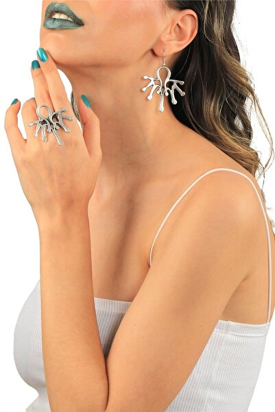 LABALABA Kadın Antik Gümüş Kaplama Yaprak Stilizesi Sallantılı Model Küpe & Y...