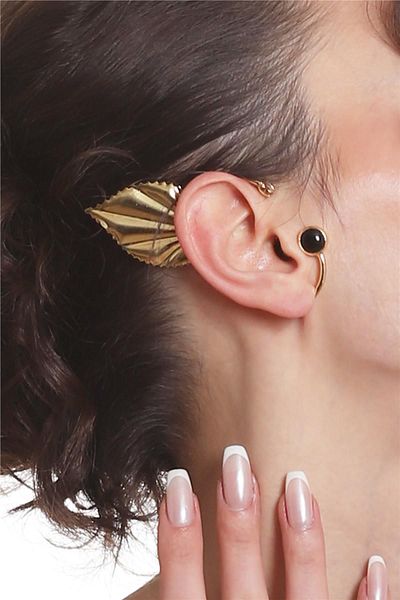 LABALABA Women's Gold Color Lacquer Plated Rhinestone Leaf Stylize Right Ear Earcuff & Cartilage Earrings