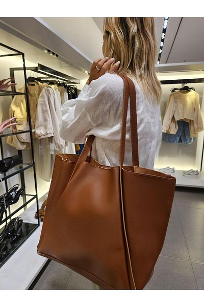 Mercan STORES Women's Tan Soft Leather Large Size Shopper Bag MC2001