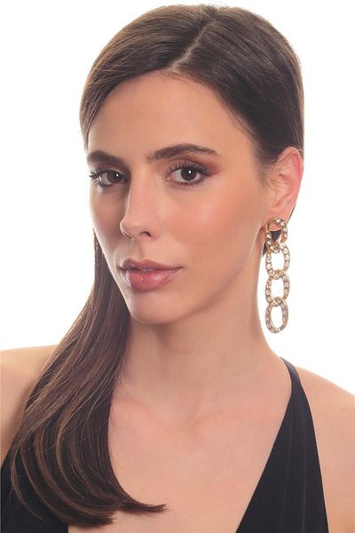 LABALABA Women's Gold Color Zircon Stone Interlocking Chain Studded Model Earrings