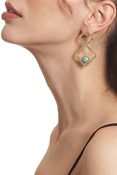 LABALABA Kadın Lak Altın Kaplama Turkuaz Doğaltaşlı Çivili Model Geometrik Fo...