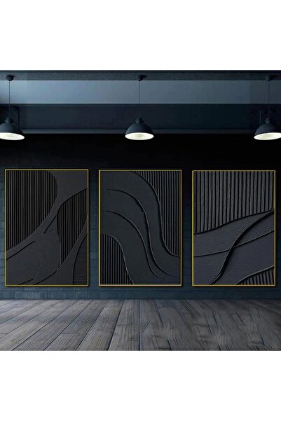 Linacci Üçlü Gold Metal Çerçeve Siyah Antrasit Tarz Cam Tablo Seti