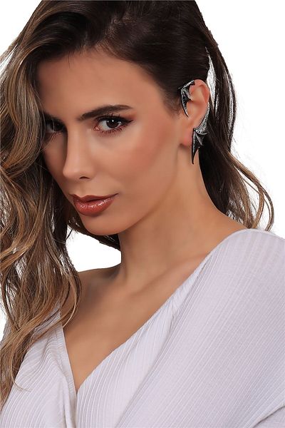 LABALABA Women's Anthracite Lacquer Plated Studded Model Ear Cuff Left Ear Bat Earring