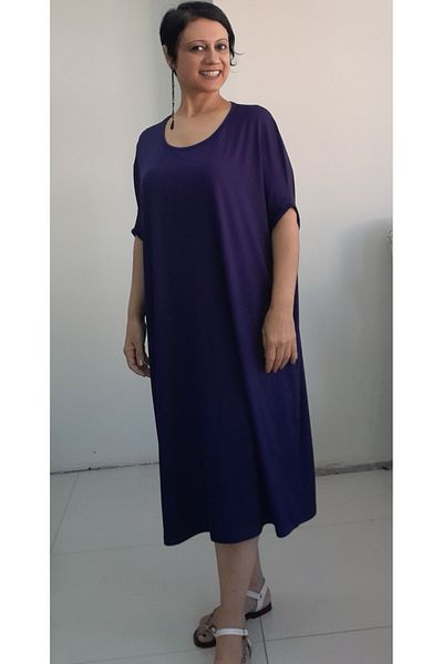Mertcan Butik Μπλε βισκόζη χτενισμένο φόρεμα - μανίκι νυχτερίδας και χαλαρό αγκώνα