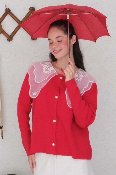 Ceylan Otantik Knitwear Red Lace Collar Cardigan